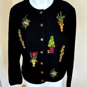 Appleseed's Women’s Black 100% Wool Cardigan Topiary Embroidered Pattern- PM